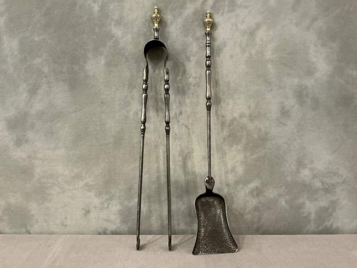 A 19th-century Iron And Brass Fireplace Shovel And Tongs Set 