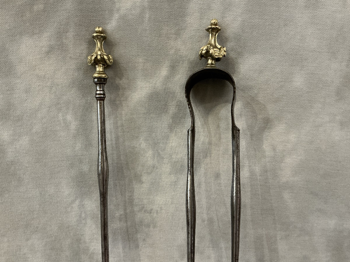 Ensemble d’une pelle et d’une pince en fer et bronze d’époque 19 ème -photo-3