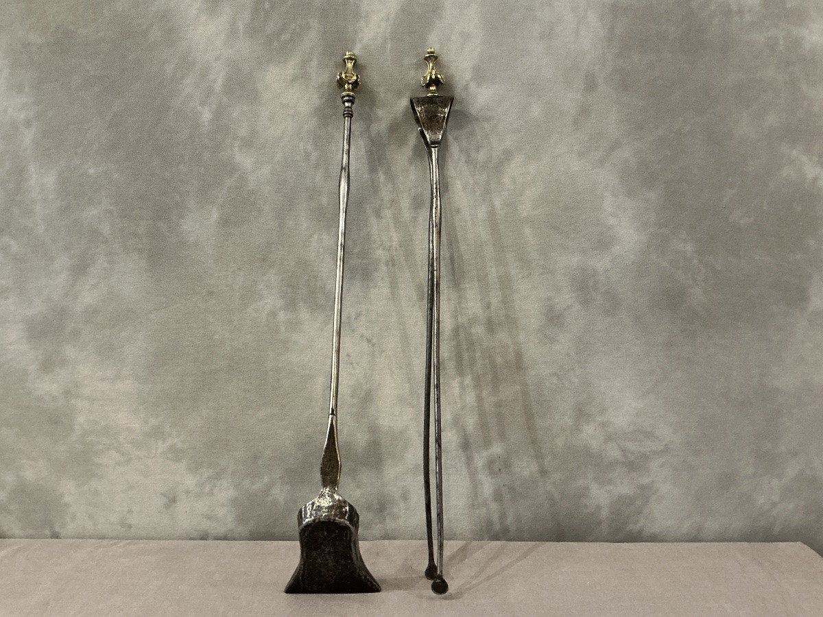 Ensemble d’une pelle et d’une pince en fer et bronze d’époque 19 ème -photo-4