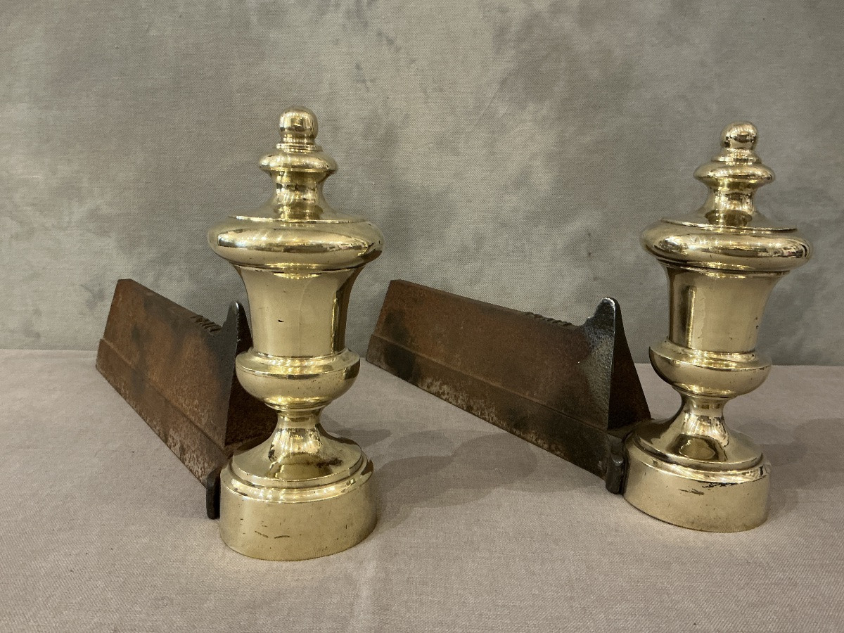 Paire de chenets anciens en fonte et laiton d’époque 19 ème -photo-4