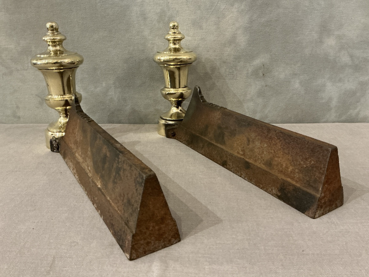 Paire de chenets anciens en fonte et laiton d’époque 19 ème -photo-1
