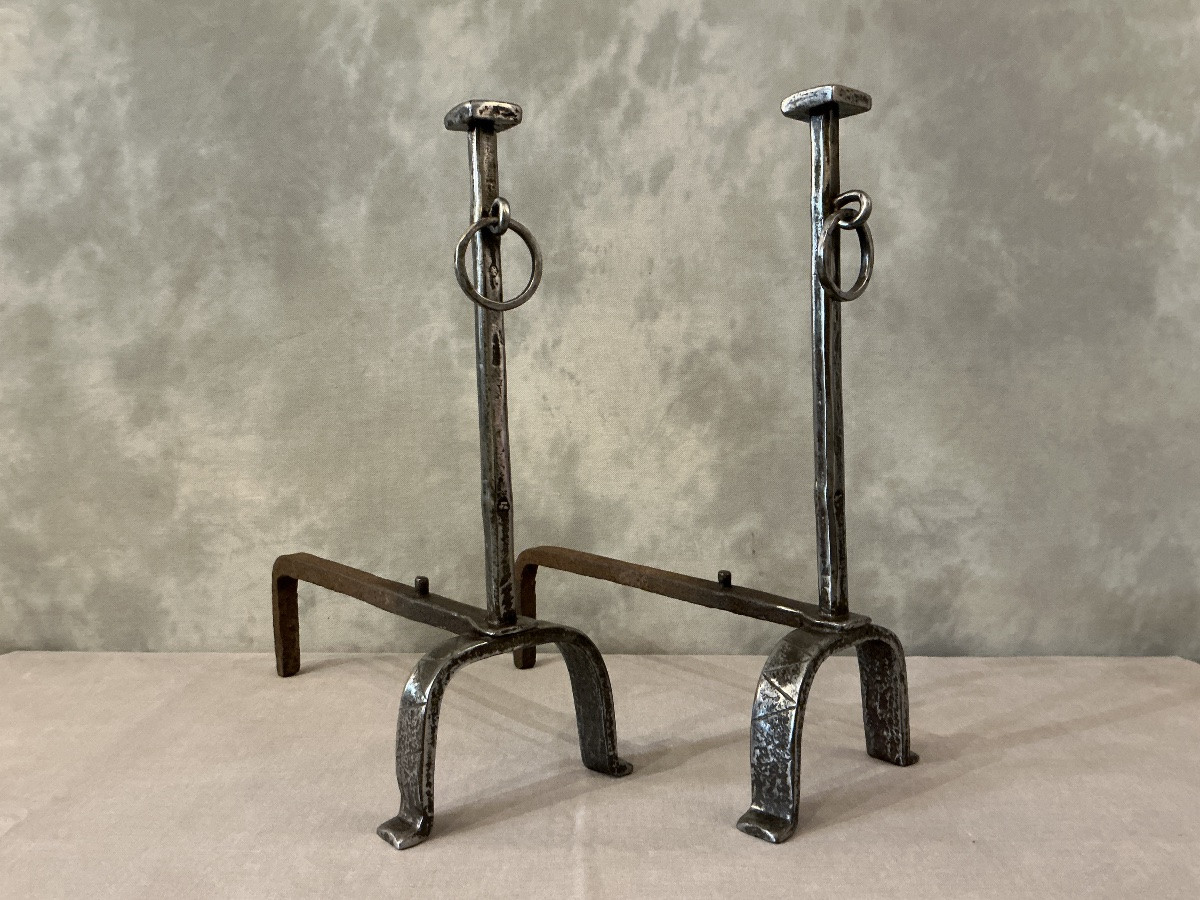 Paire de chenets anciens en fer forgé d’époque 18 ème -photo-2