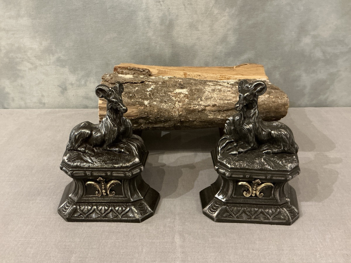 Paire de chenets anciens en fonte à décor de boucs  d’époque 19 ème -photo-2