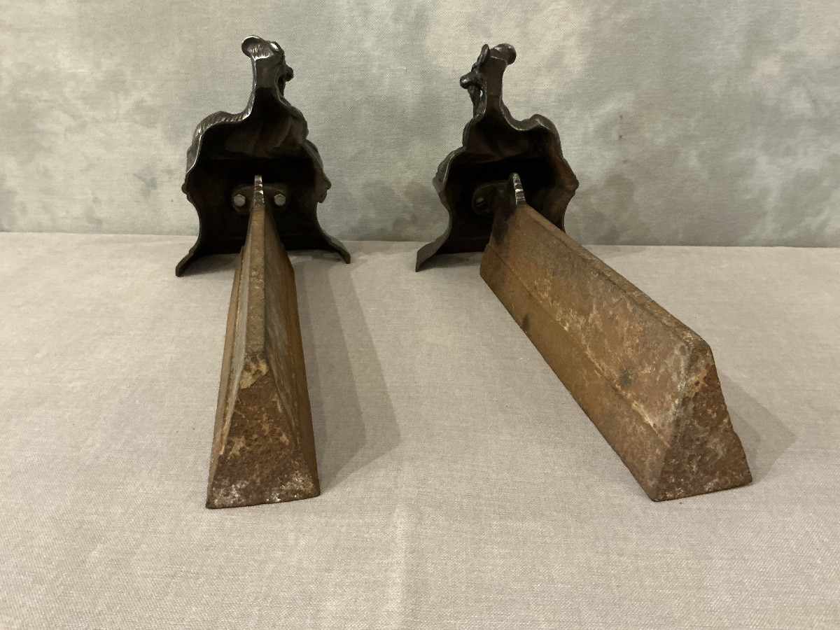 Paire de chenets anciens en fonte à décor de boucs  d’époque 19 ème -photo-1