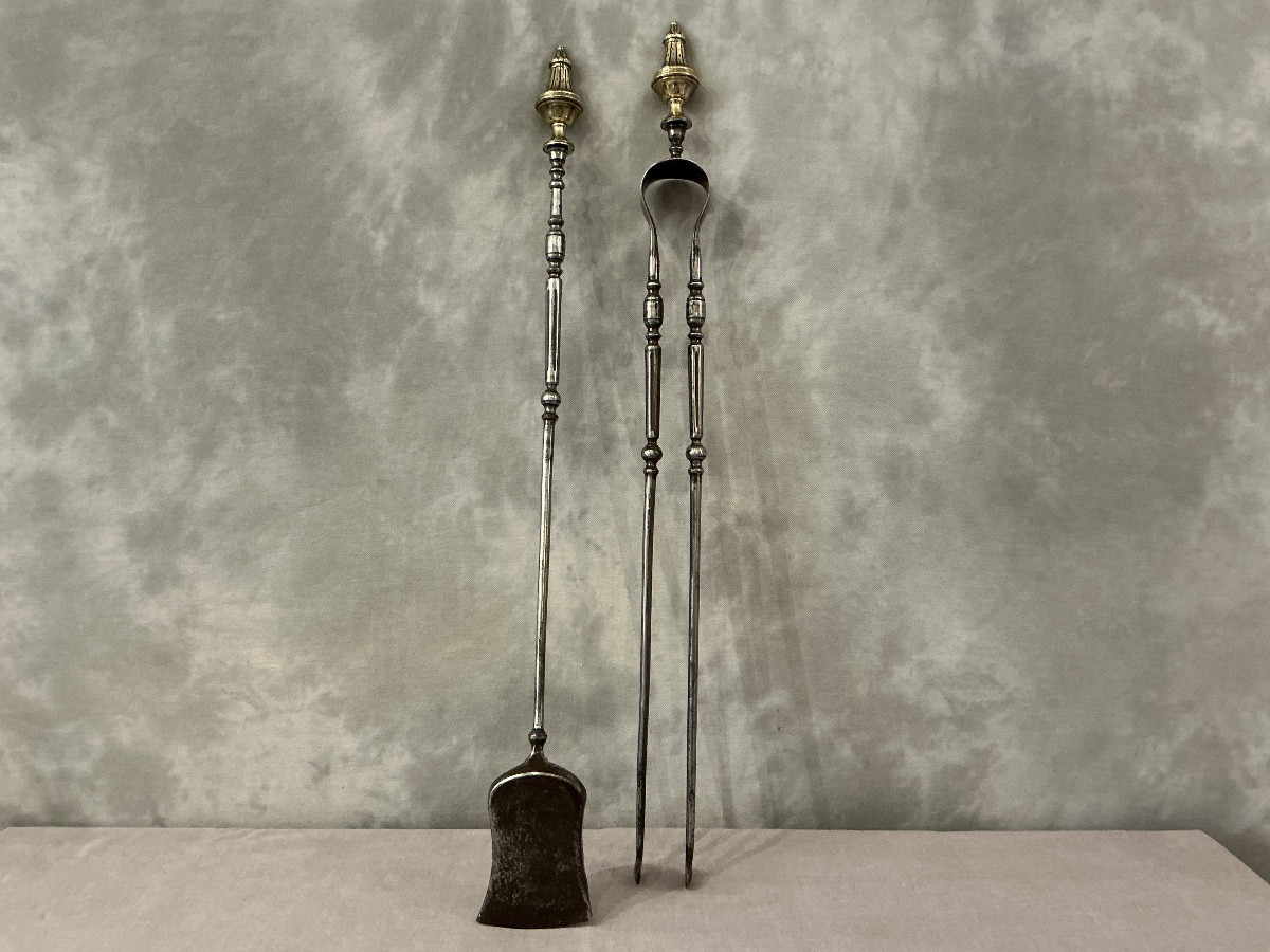 Grand ensemble d’une pelle et d’une pince en fer et bronze d’époque 19 ème -photo-1