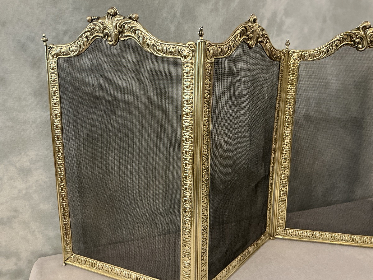 Pare feu de cheminée ancien en laiton pressé d’époque 19 ème -photo-1