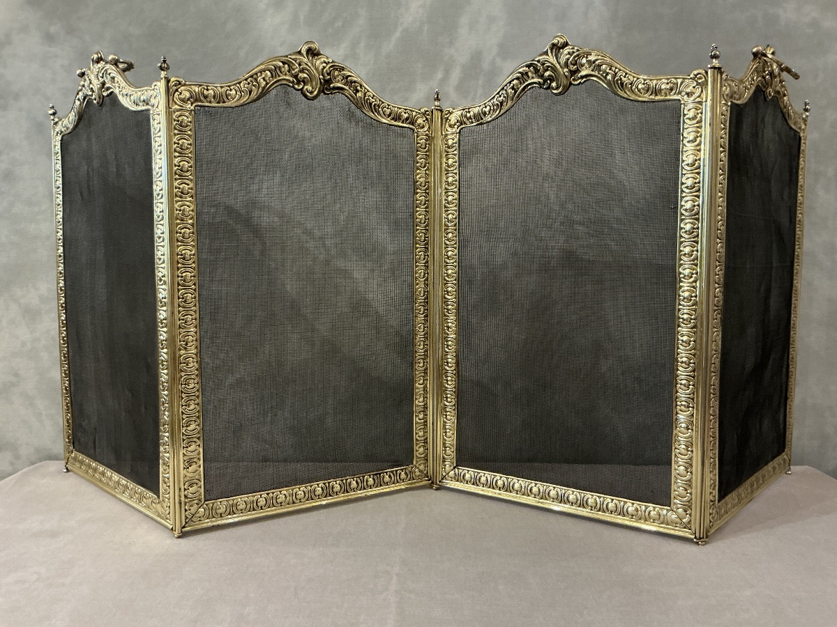 Pare feu de cheminée ancien en laiton pressé d’époque 19 ème 