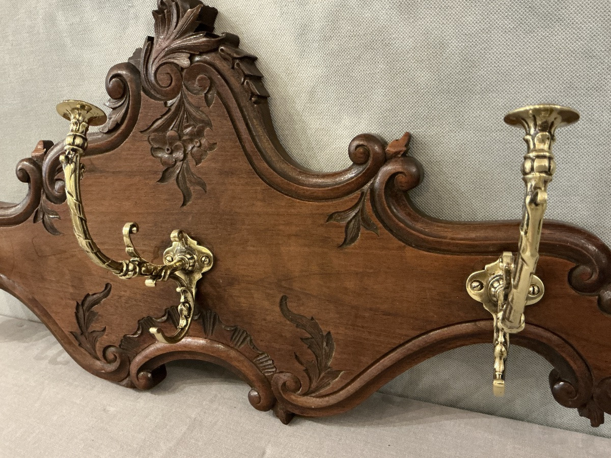 Coat Rack, Wooden Hooks From The Late 19th Century In Bronze. -photo-1