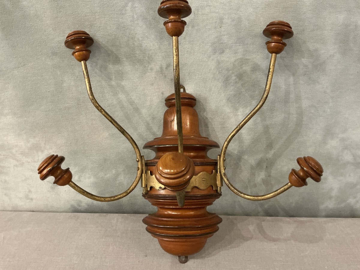 Coat Rack, Three Wooden And Gilded Iron Hooks, Circa 1900 -photo-3