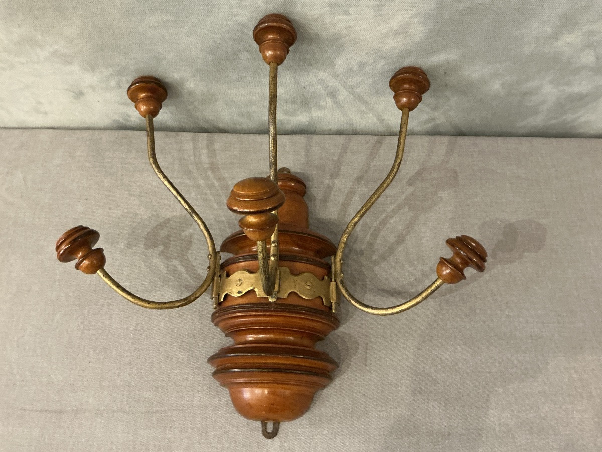 Coat Rack, Three Wooden And Gilded Iron Hooks, Circa 1900 -photo-2