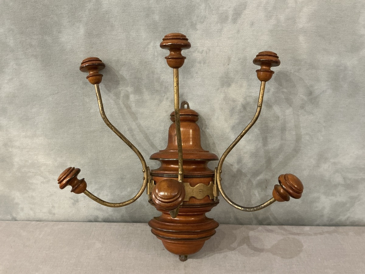 Coat Rack, Three Wooden And Gilded Iron Hooks, Circa 1900 -photo-4