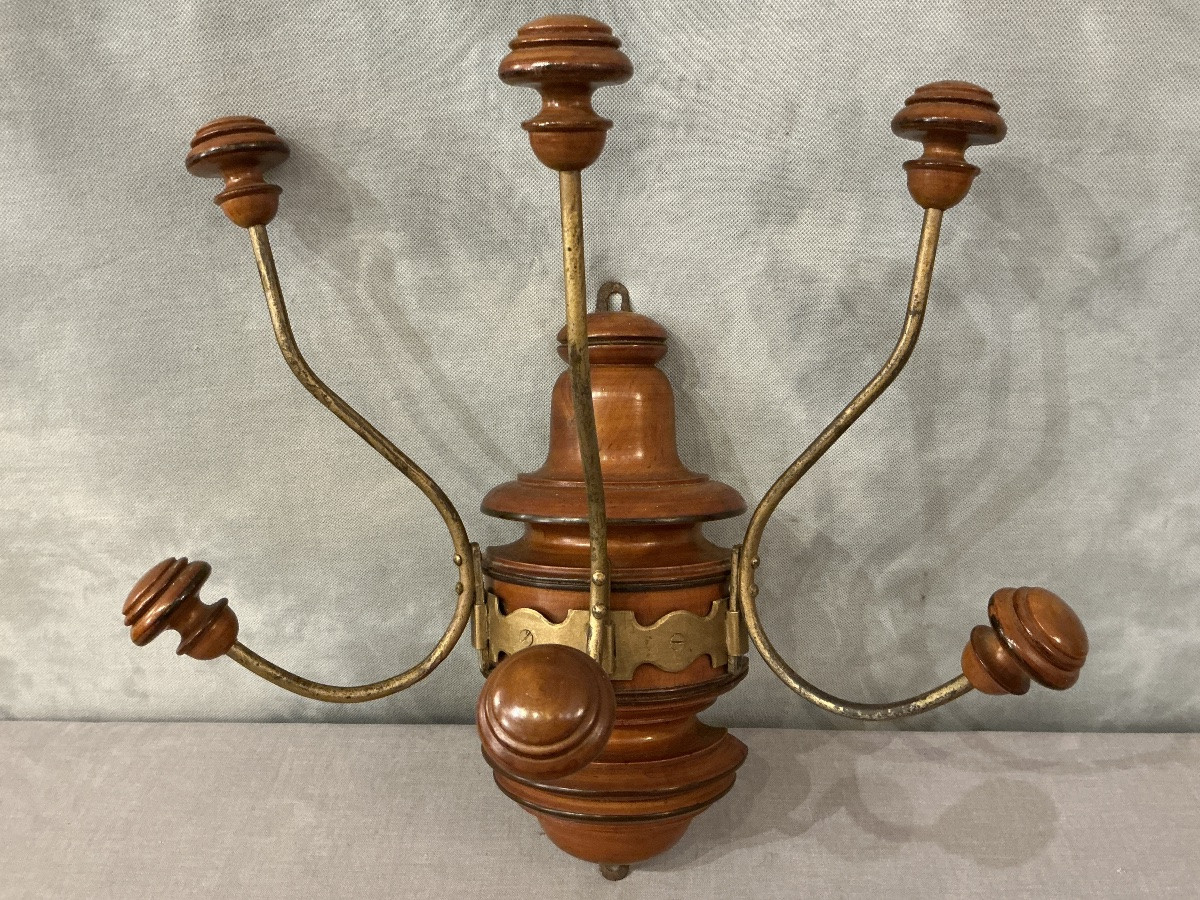 Coat Rack, Three Wooden And Gilded Iron Hooks, Circa 1900 -photo-6