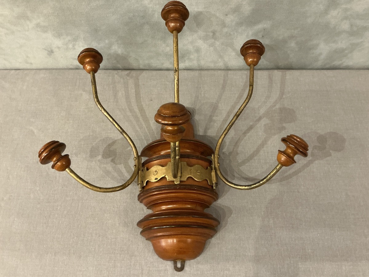 Coat Rack, Three Wooden And Gilded Iron Hooks, Circa 1900 -photo-7