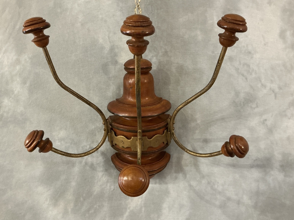 Coat Rack, Three Wooden And Gilded Iron Hooks, Circa 1900 