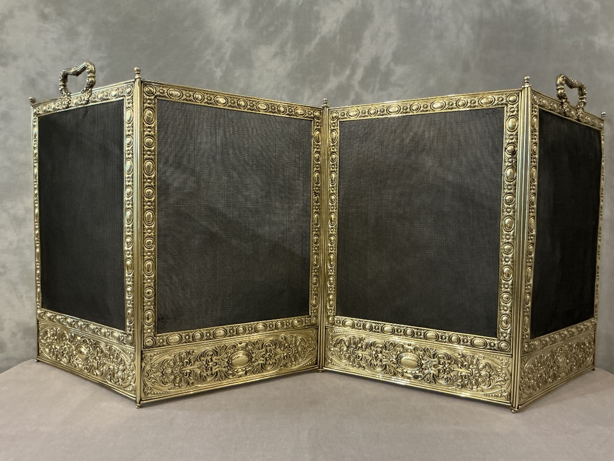 Pare feu de cheminée ancien en laiton pressé d’époque 19 ème 