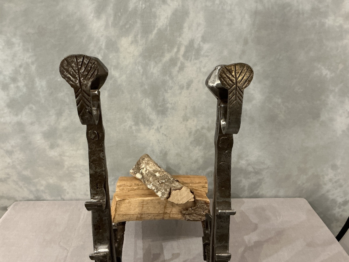 Large Rustic Iron Andirons From The 17th Century, Decorated With Shells. -photo-2