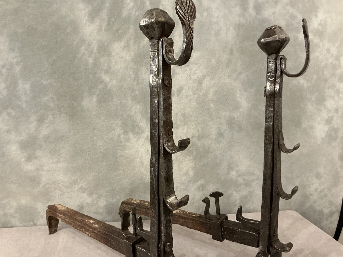 Large Rustic Iron Andirons From The 17th Century, Decorated With Shells. -photo-1