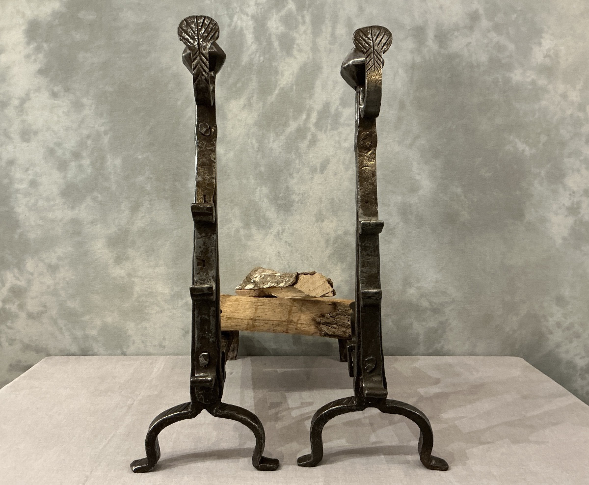 Large Rustic Iron Andirons From The 17th Century, Decorated With Shells. 