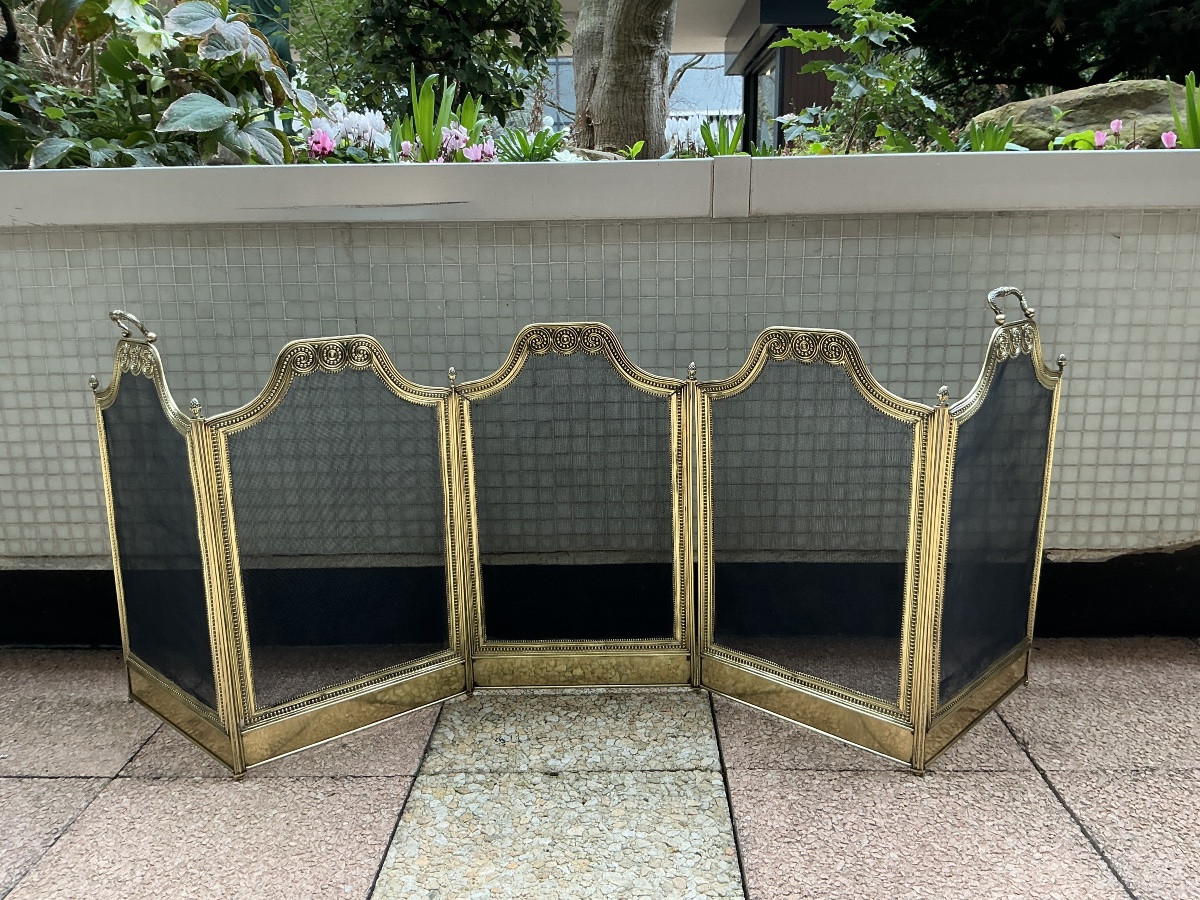 Large Antique Brass Fireplace Screen Dating From The 19th Century In The Louis XVI Style -photo-4
