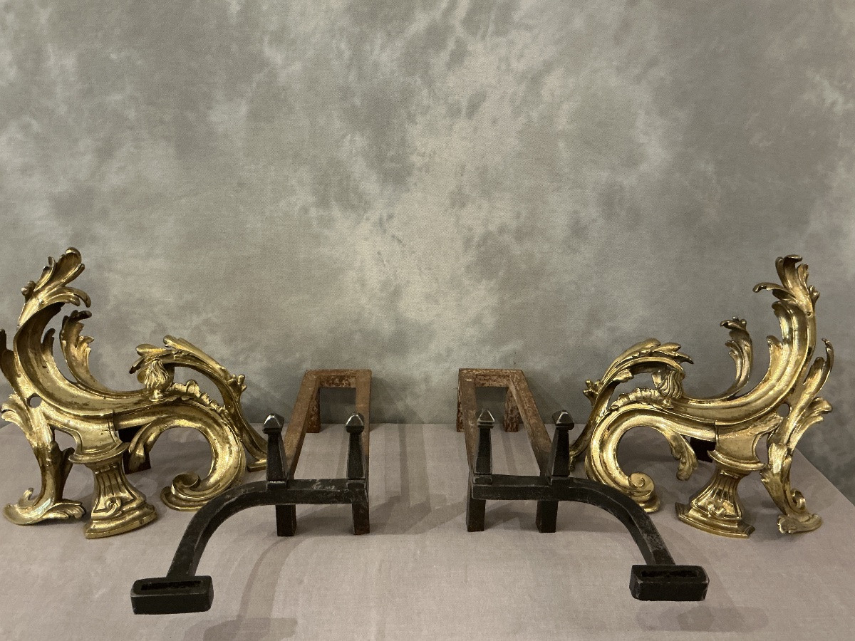 Paire de chenets anciens en bronze et fer d’époque 19 ème -photo-4