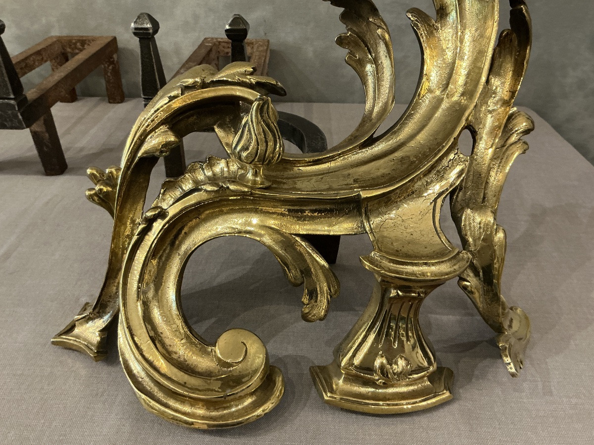 Paire de chenets anciens en bronze et fer d’époque 19 ème -photo-1