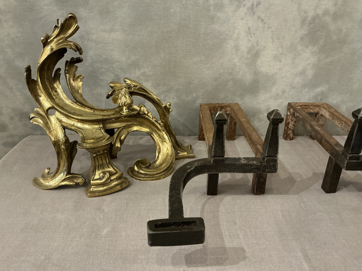 Paire de chenets anciens en bronze et fer d’époque 19 ème -photo-2