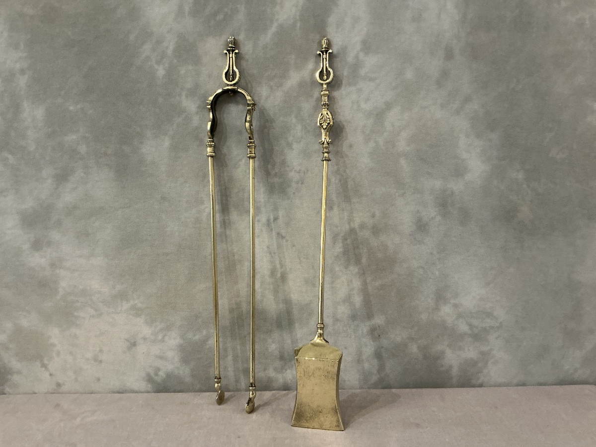 Ensemble d’une pelle et d’une  pince en laiton  d’époque 19 ème -photo-3