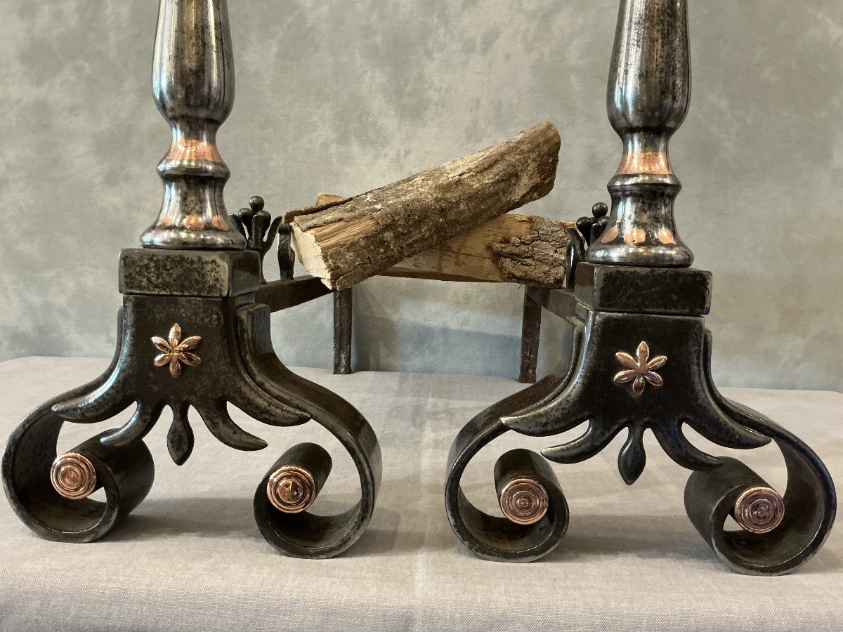 Pair Of Antique Wrought Iron And Copper Andirons From The 18th Century-photo-2