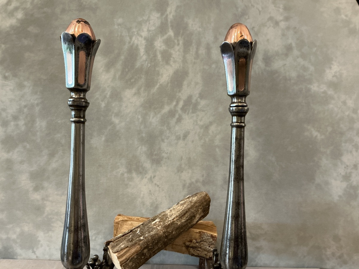 Pair Of Antique Wrought Iron And Copper Andirons From The 18th Century-photo-3