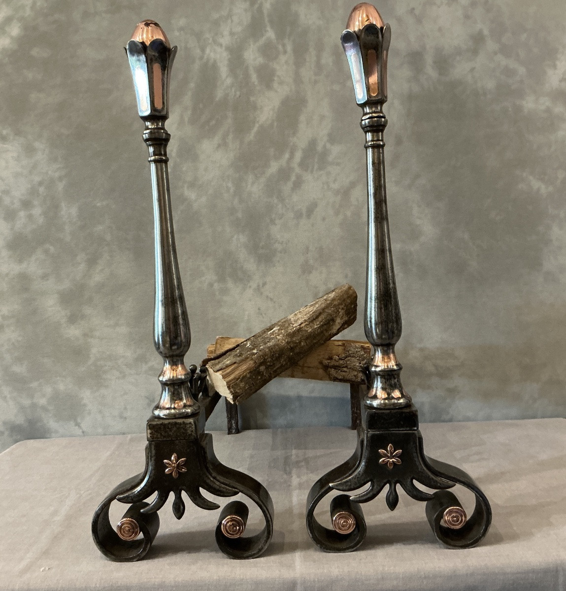 Pair Of Antique Wrought Iron And Copper Andirons From The 18th Century-photo-4