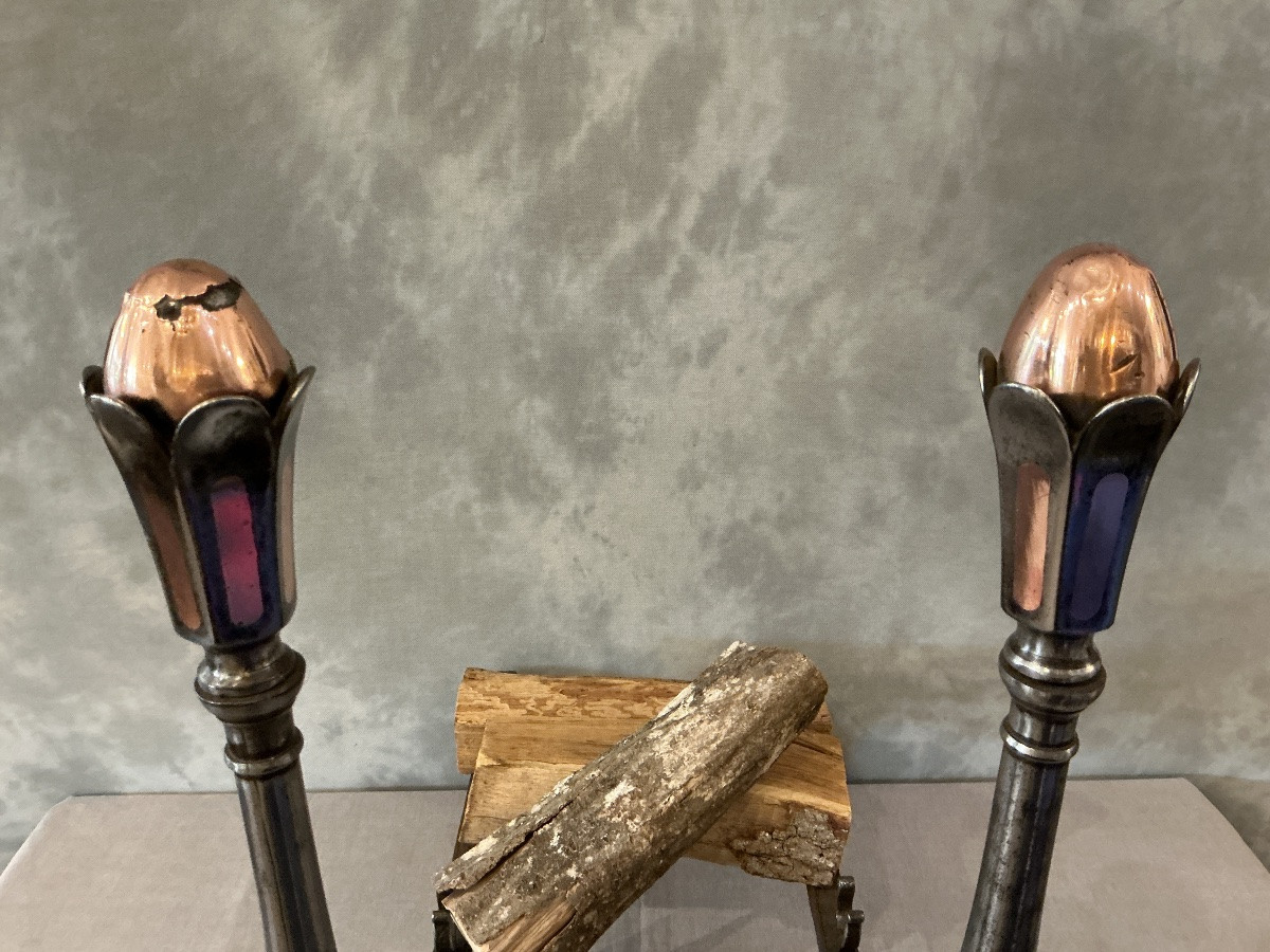 Pair Of Antique Wrought Iron And Copper Andirons From The 18th Century-photo-1