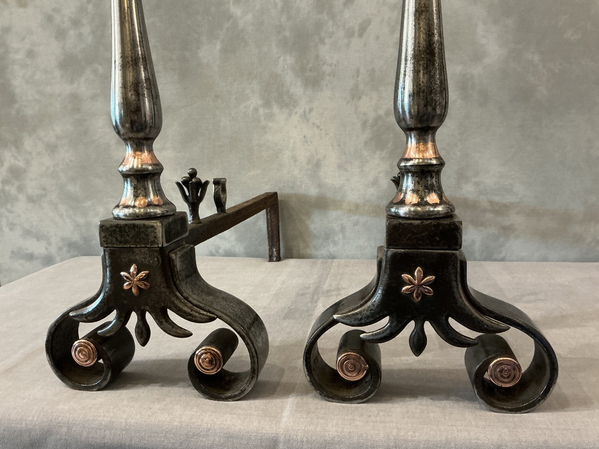 Pair Of Antique Wrought Iron And Copper Andirons From The 18th Century-photo-2