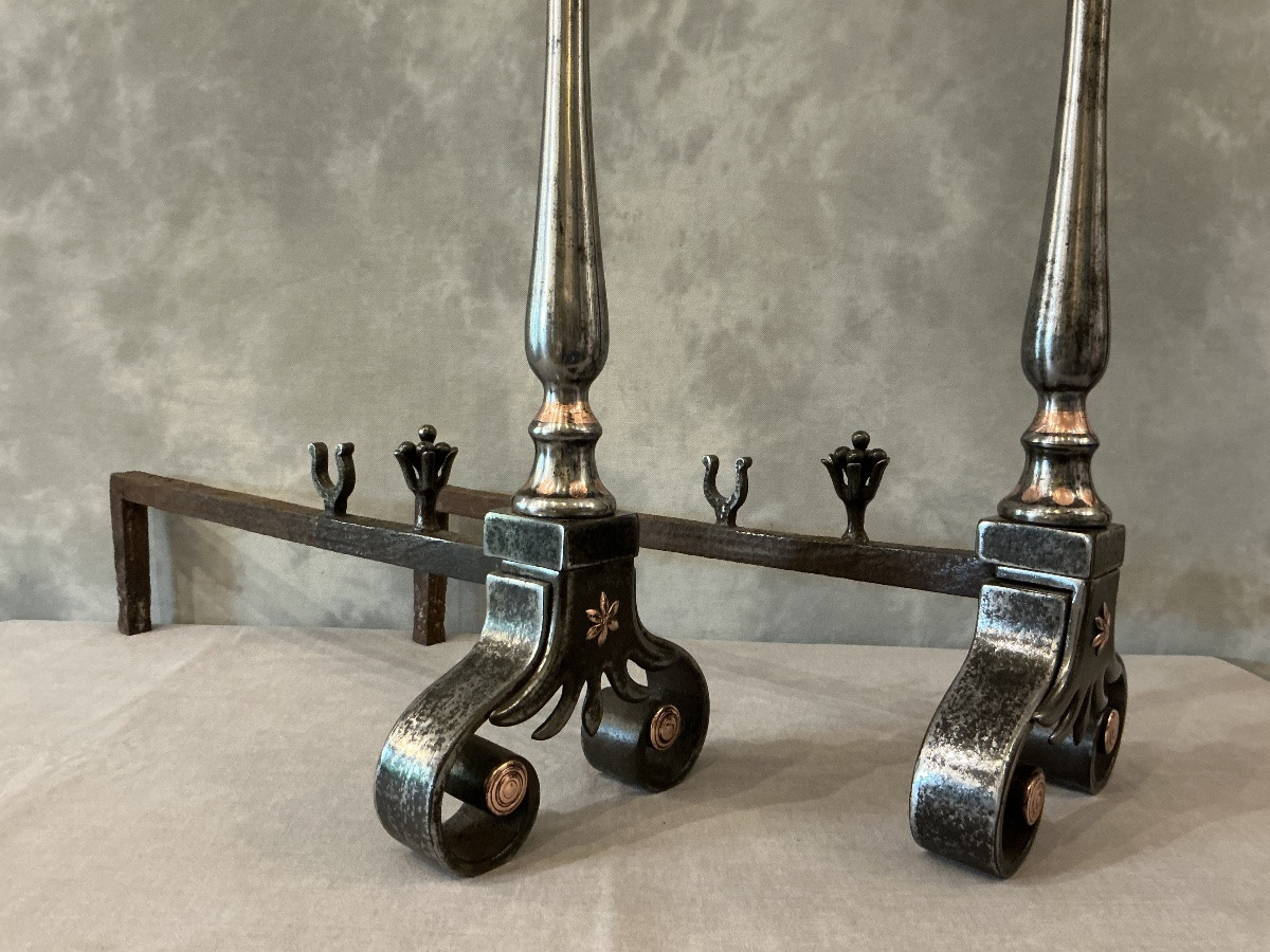 Pair Of Antique Wrought Iron And Copper Andirons From The 18th Century-photo-3