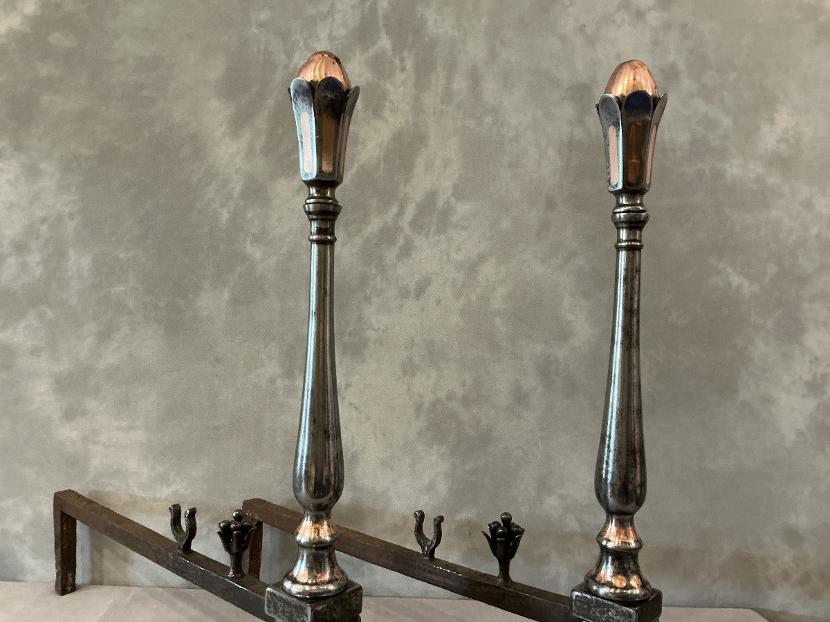 Pair Of Antique Wrought Iron And Copper Andirons From The 18th Century-photo-4