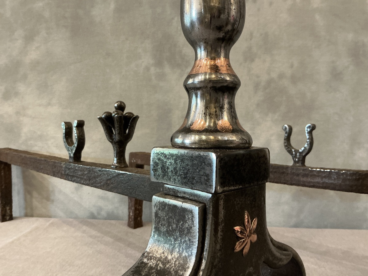 Pair Of Antique Wrought Iron And Copper Andirons From The 18th Century-photo-5