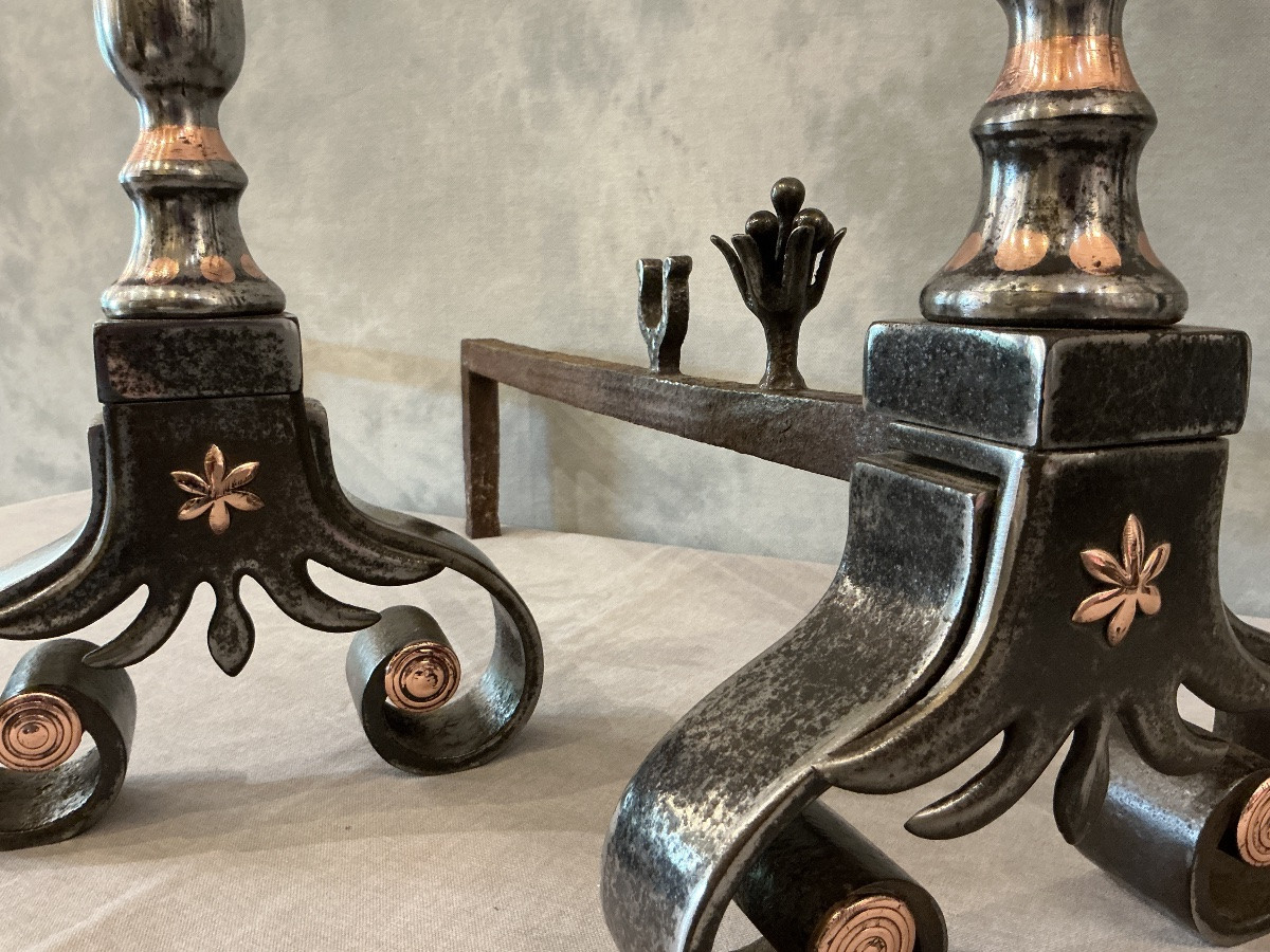 Pair Of Antique Wrought Iron And Copper Andirons From The 18th Century-photo-6