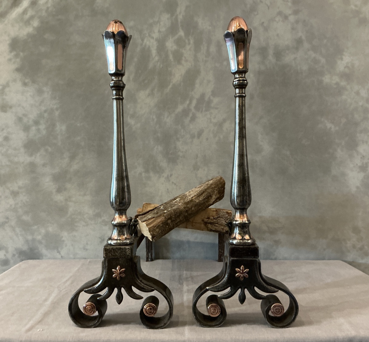 Pair Of Antique Wrought Iron And Copper Andirons From The 18th Century
