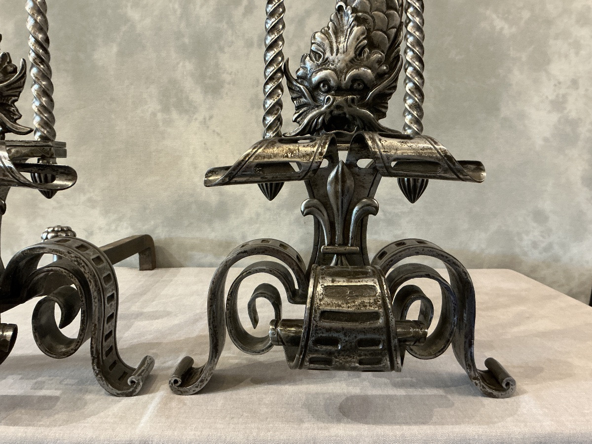 Large Pair Of 19th Century Wrought Iron Andirons-photo-2