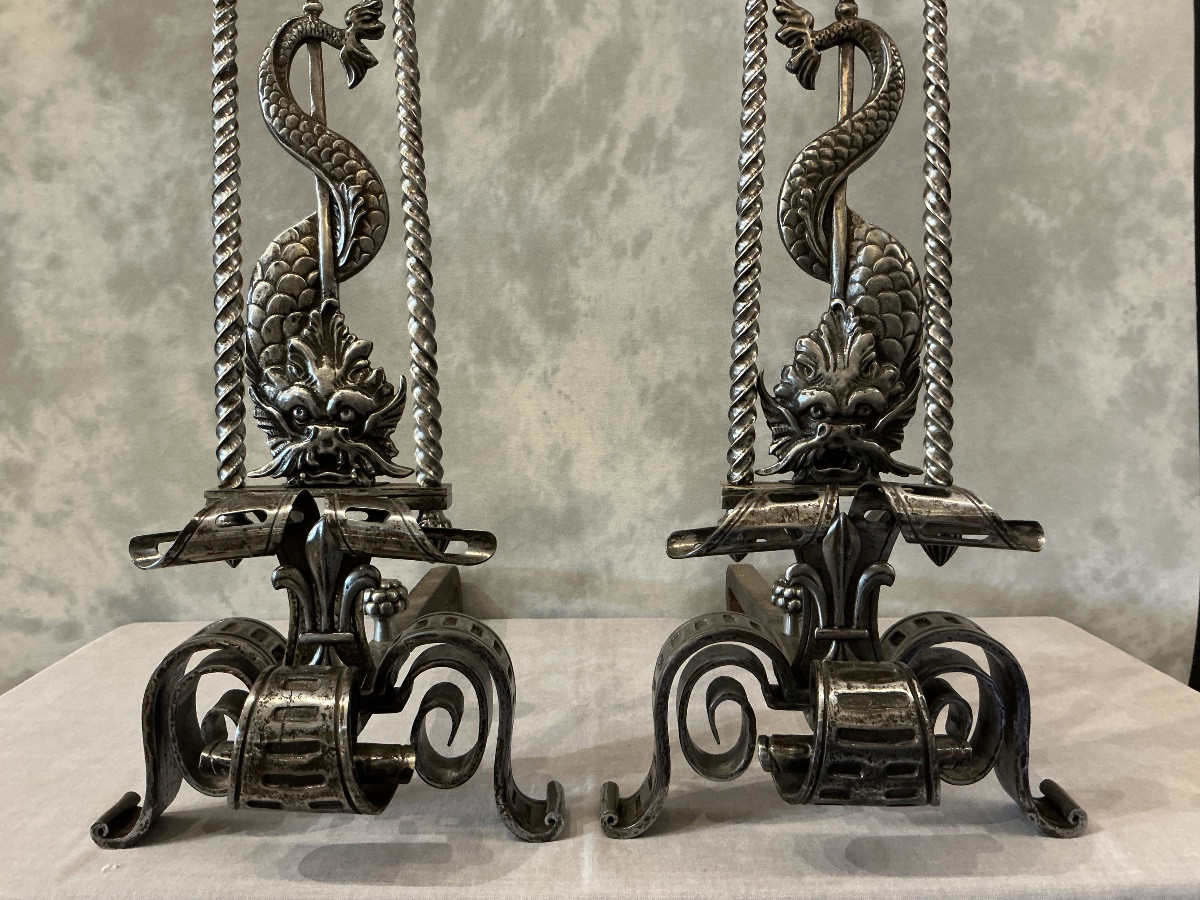 Large Pair Of 19th Century Wrought Iron Andirons-photo-3