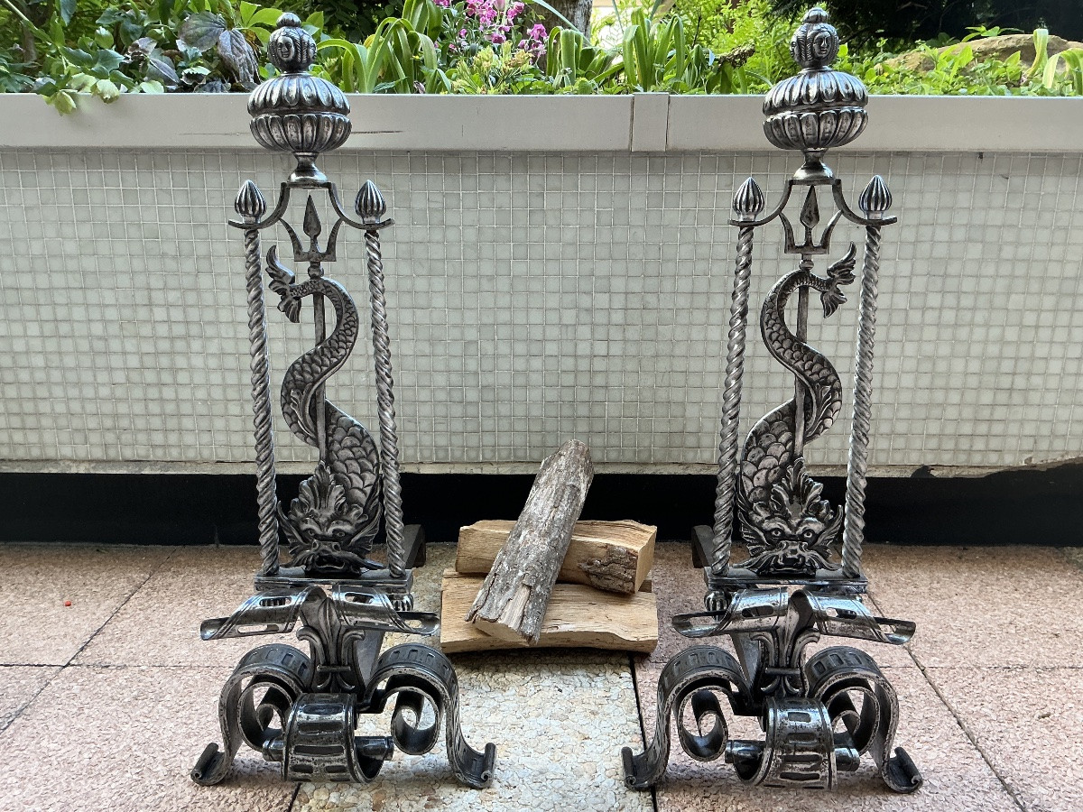 Large Pair Of 19th Century Wrought Iron Andirons-photo-7