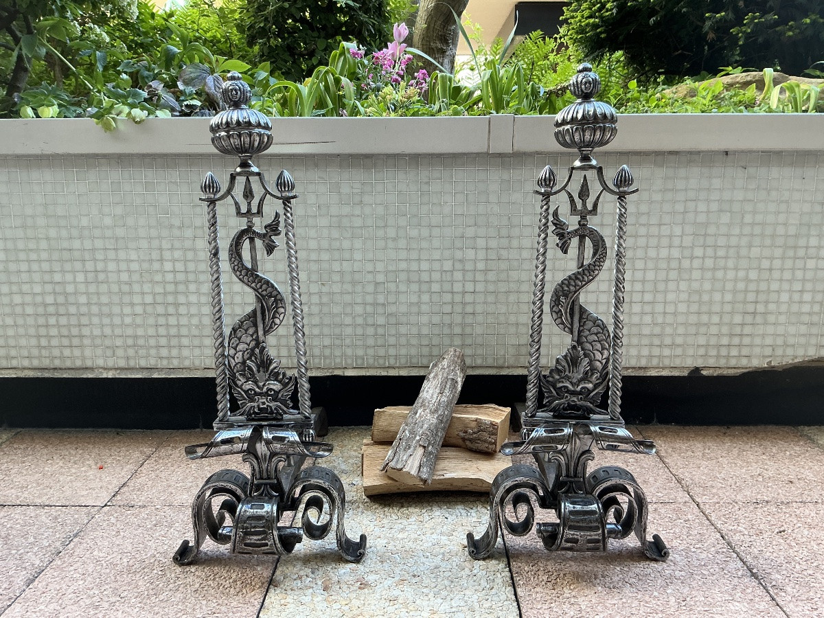 Large Pair Of 19th Century Wrought Iron Andirons-photo-8