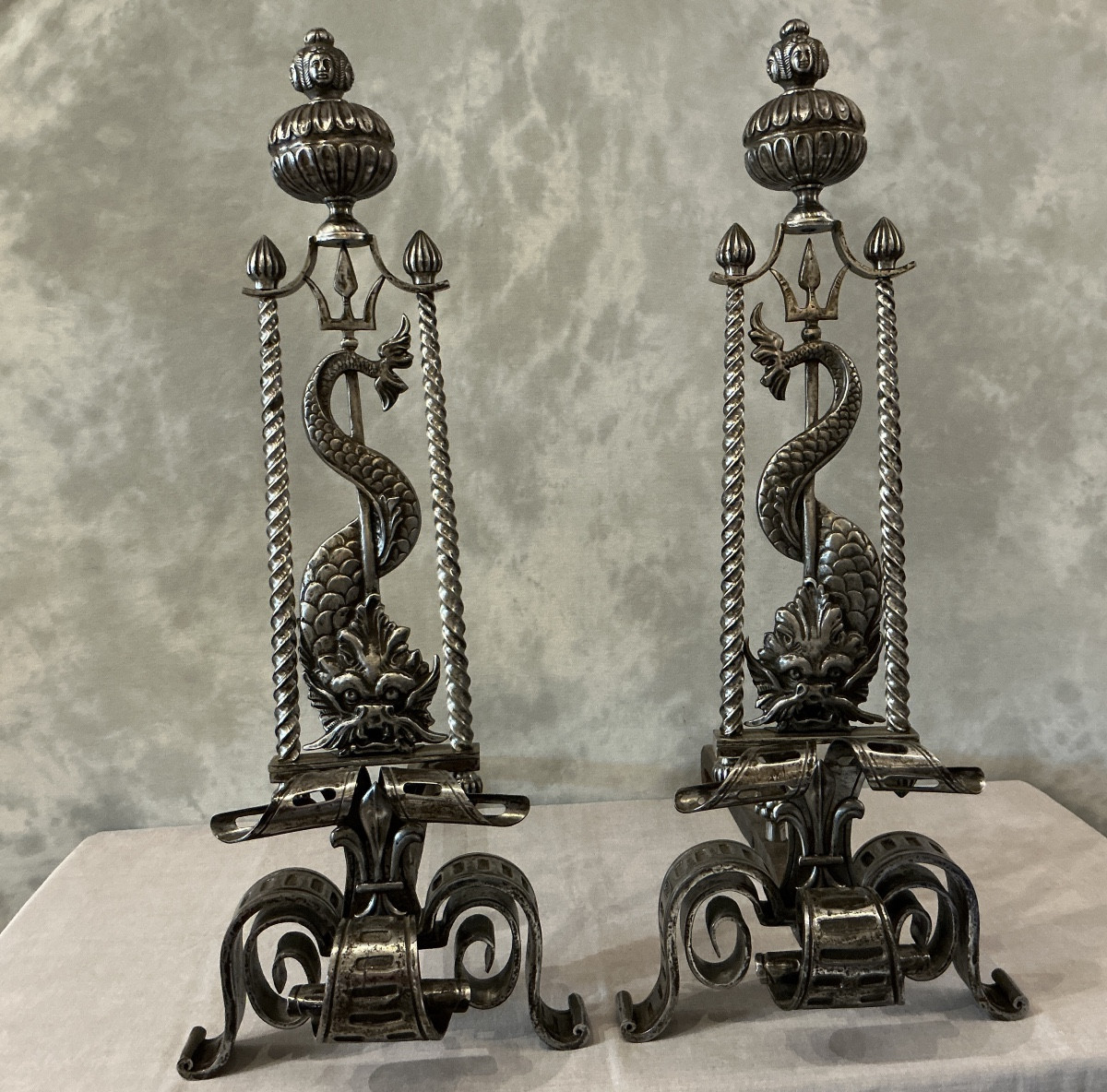 Large Pair Of 19th Century Wrought Iron Andirons-photo-4