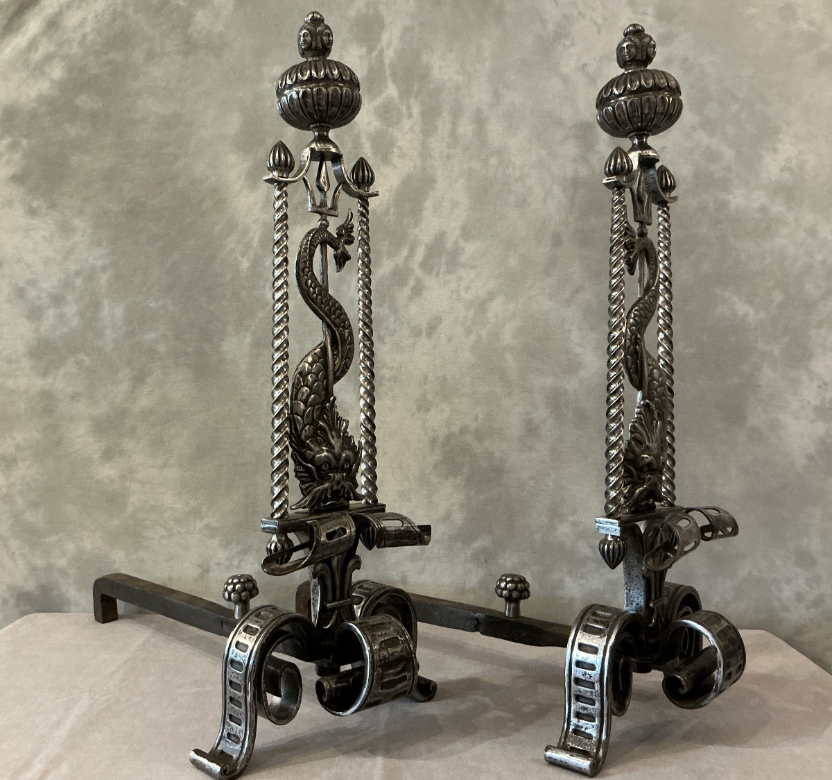 Large Pair Of 19th Century Wrought Iron Andirons