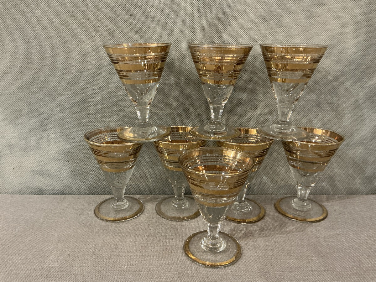 Set Of 8 Gold-rimmed Port Glasses Circa 1930-photo-2