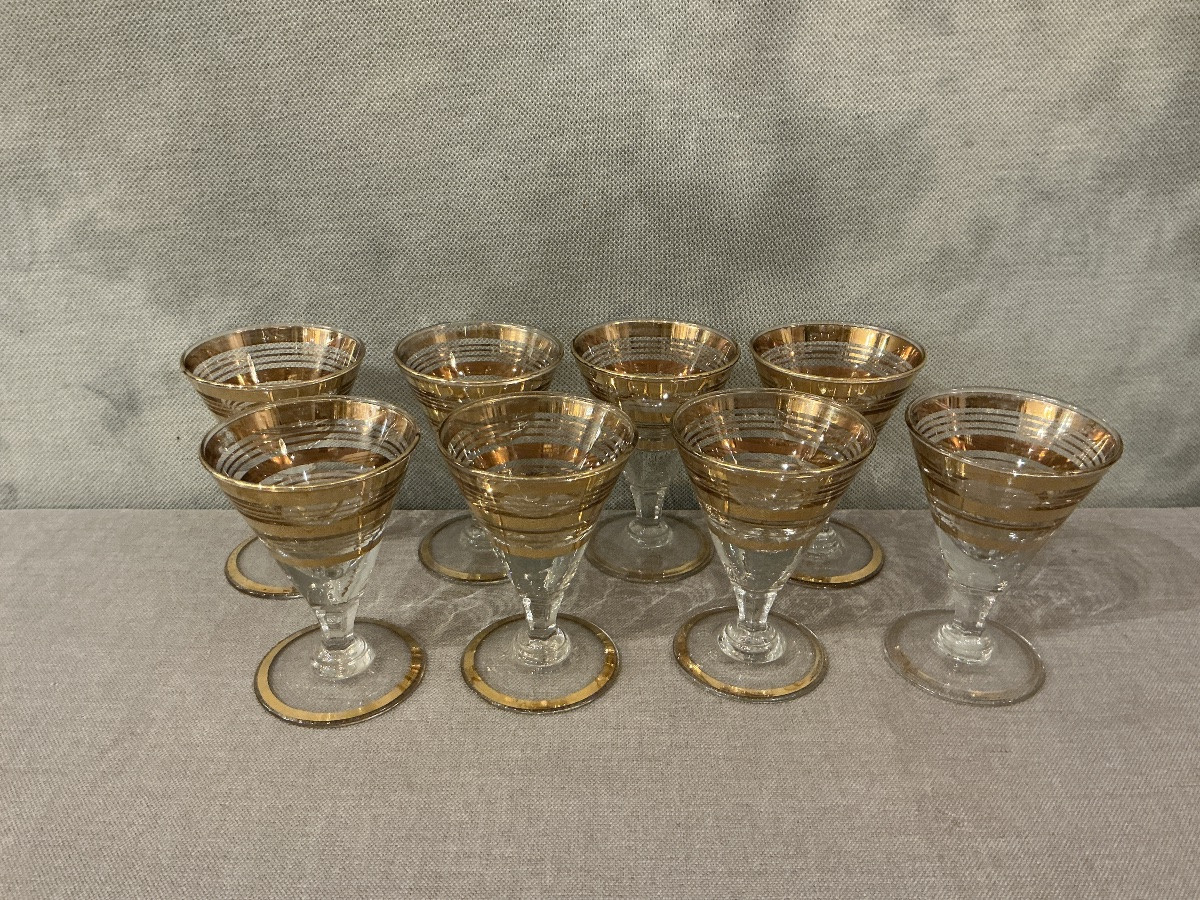 Set Of 8 Gold-rimmed Port Glasses Circa 1930-photo-3