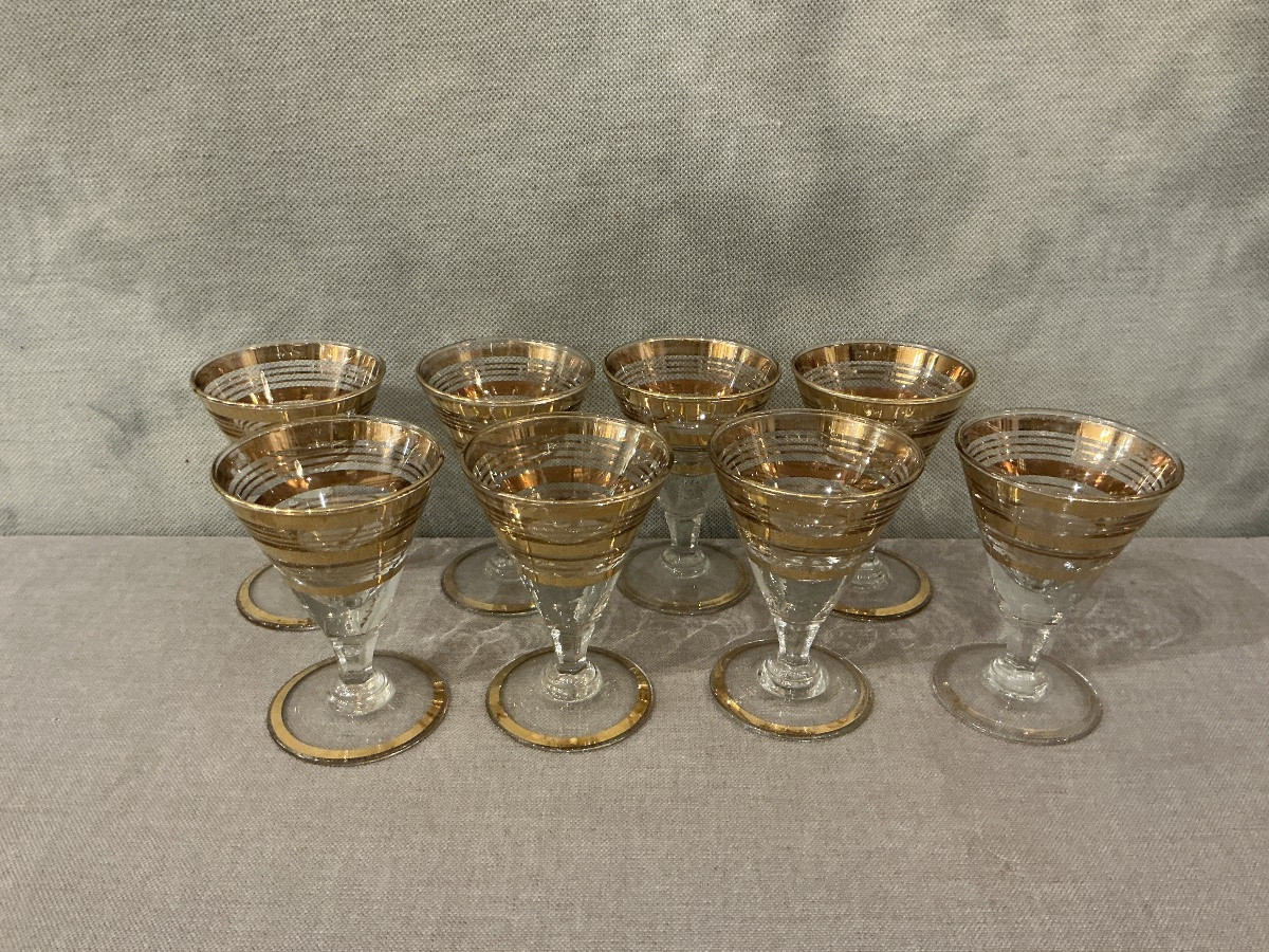 Set Of 8 Gold-rimmed Port Glasses Circa 1930-photo-4