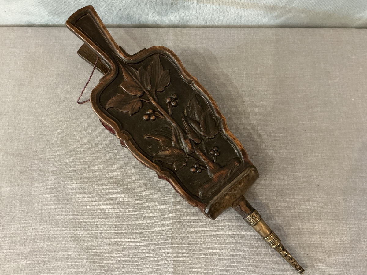 Antique Early 19th Century Carved Wood Fireplace Bellows-photo-3