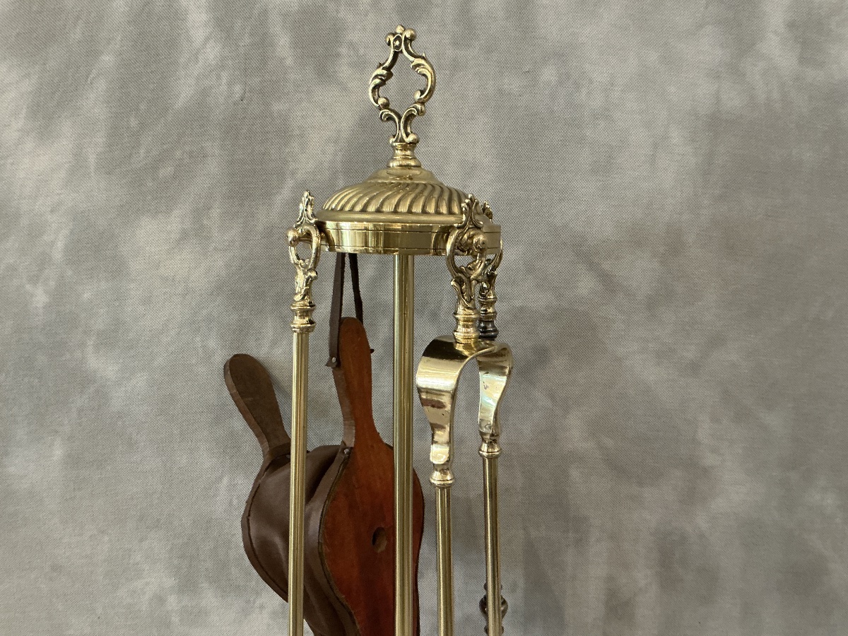 Serviteur de cheminée ancien 4 pièces en laiton d’époque fin 19 ème -photo-3