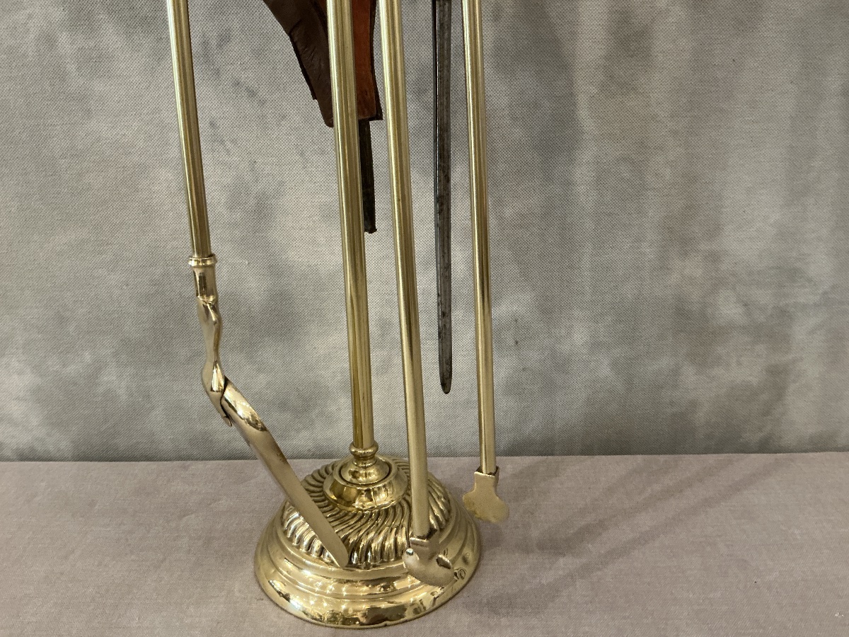 Serviteur de cheminée ancien 4 pièces en laiton d’époque fin 19 ème -photo-4