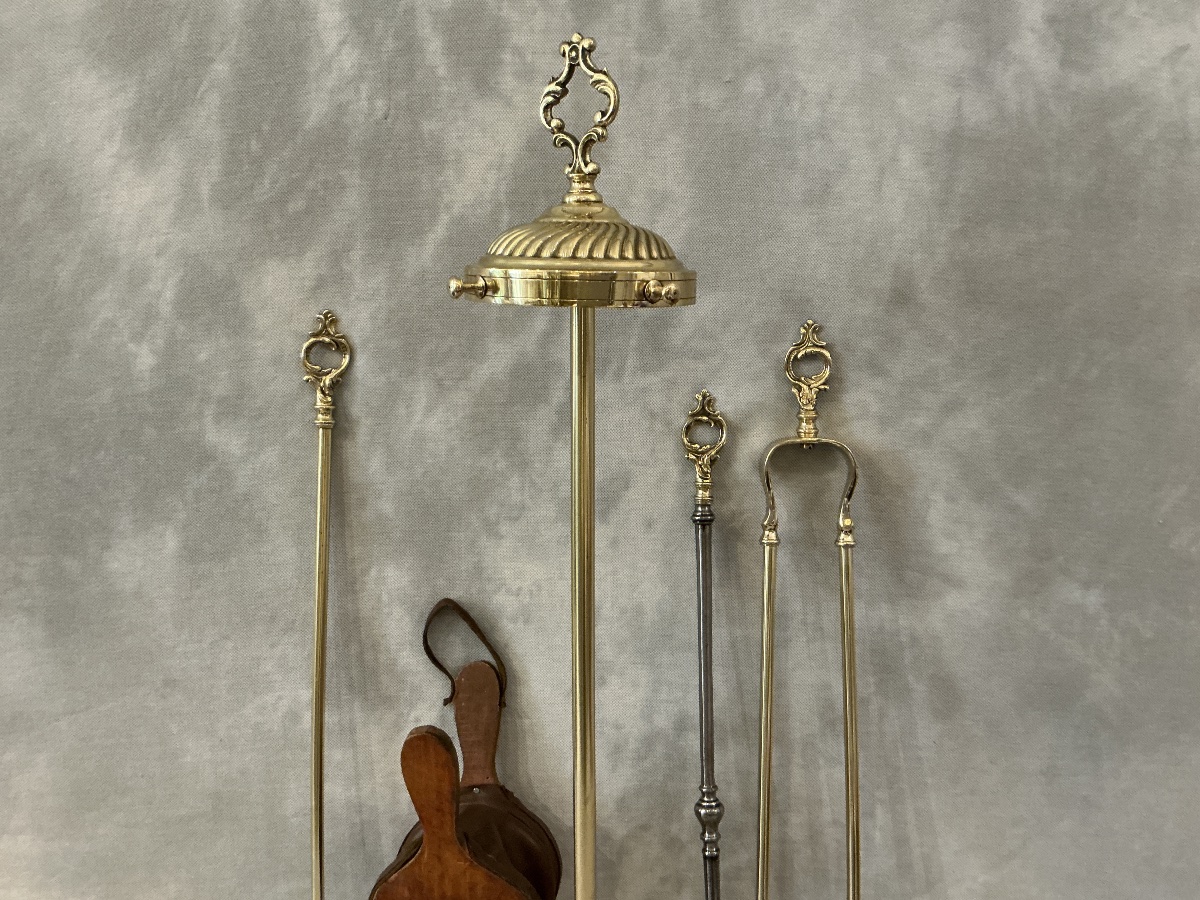 Serviteur de cheminée ancien 4 pièces en laiton d’époque fin 19 ème -photo-1